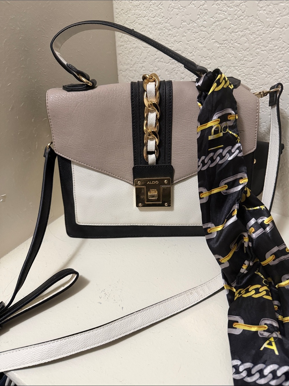 ALDO Cream, Taupe & Black Colorblock Top-Handle Satchel
